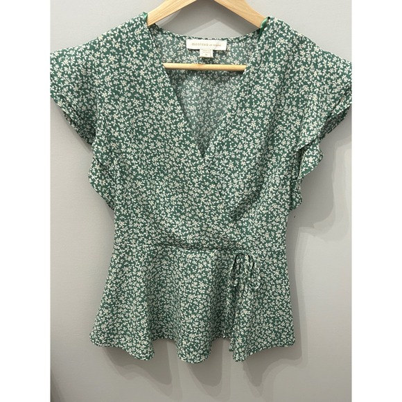 Monteau Los Angeles Green Floral Ruffle Sleeve Wrap Peplum Top Size M - Picture 2 of 4
